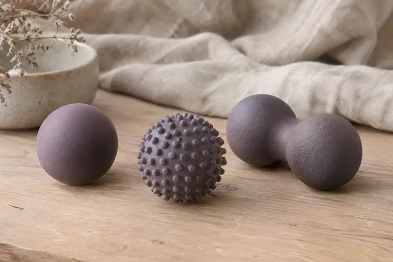 Balles de massage lisse, texturée et double présentées sur une surface en bois