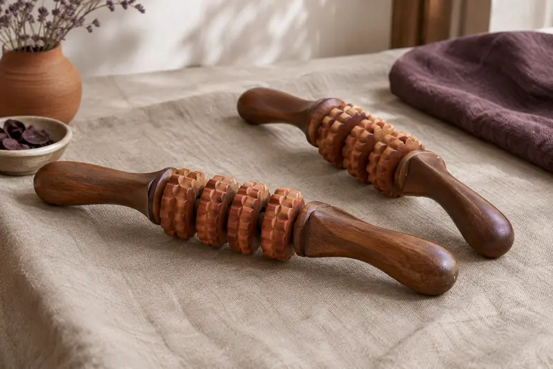Bâtons de massage manuels avec roulettes et poignées sur du lin sable