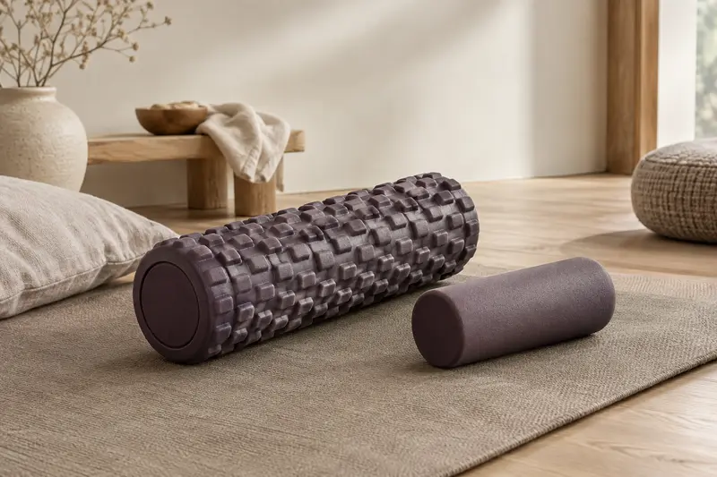 Rouleaux de massage lisse et texturé posés sur un tapis neutre