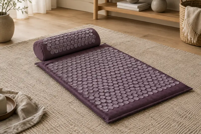 Tapis d’acupression et coussin assorti montrant leurs motifs de picots