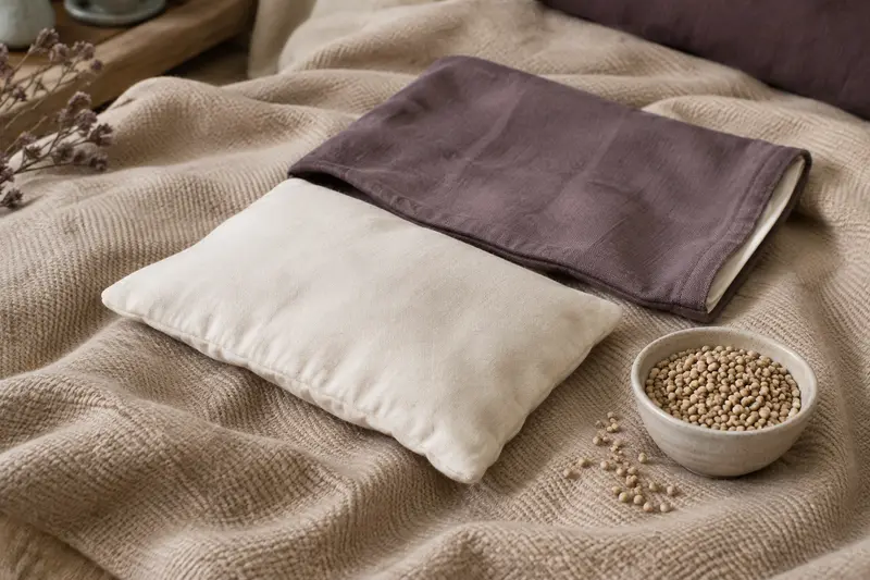 Bouillotte sèche en coton avec housse et noyaux visibles à côté