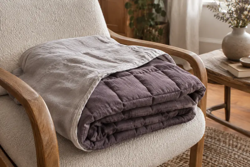 Couverture lestée pliée sur un fauteuil avec détail des compartiments cousus