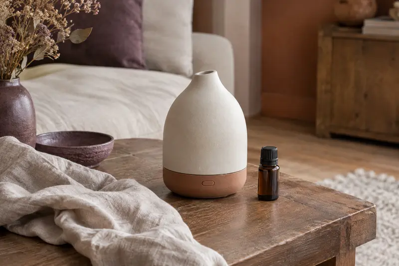 Diffuseur d’arômes en céramique mate posé sur une table basse