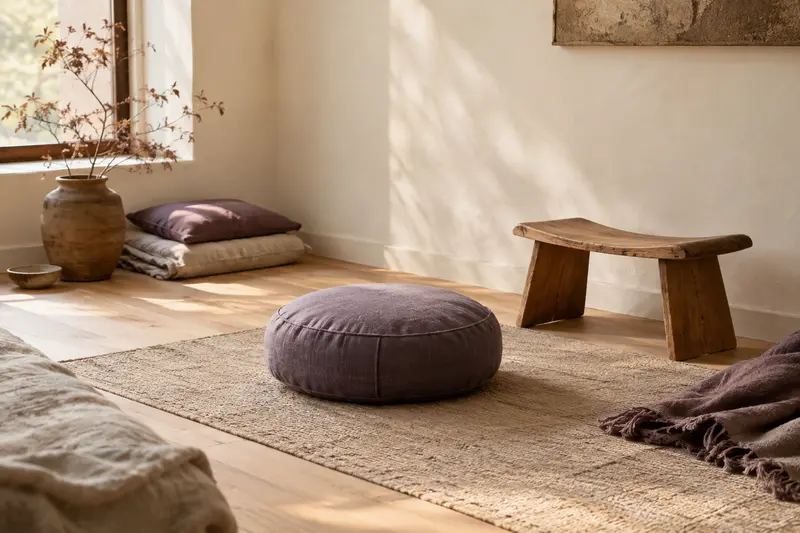 Coussin de méditation, tapis tissé et banc en bois dans un coin calme