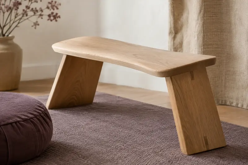 Banc de méditation en bois clair posé sur un tapis dans un intérieur épuré