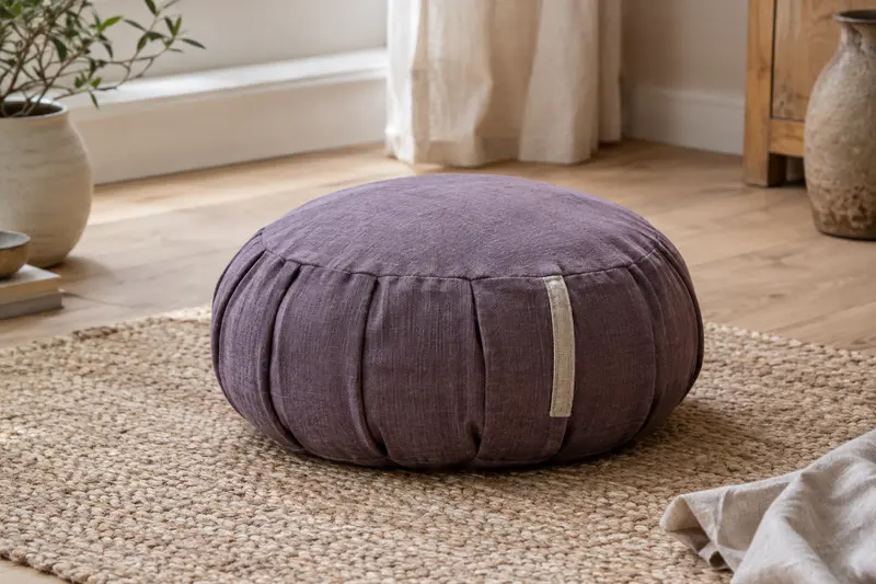 Zafu rond en tissu prune posé sur un tapis naturel près d’un mur clair