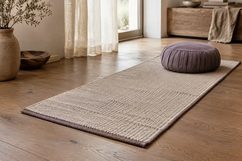 Tapis de méditation tissé avec coussin assorti sur un sol en bois clair