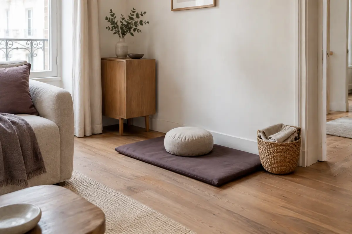 Petit coin de méditation avec tapis, coussin et rangement compact dans un salon lumineux