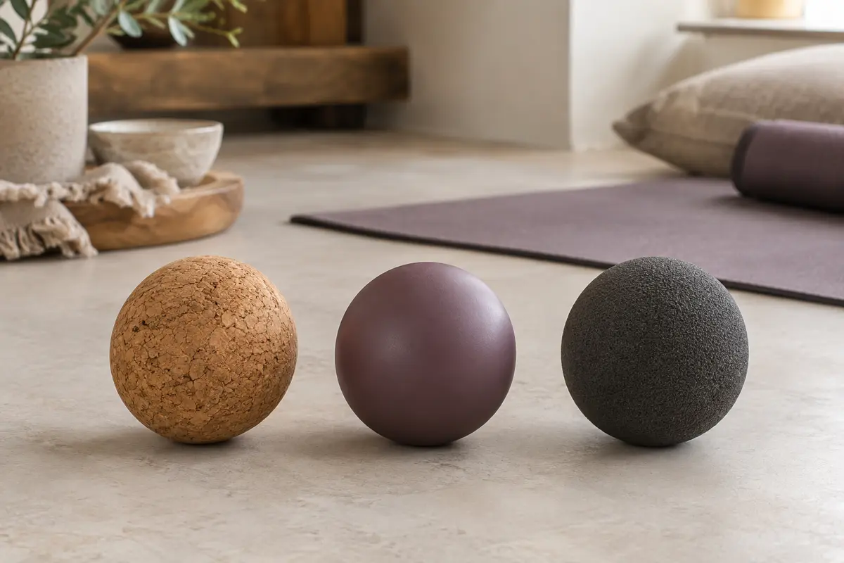 Trois balles de massage en liège, silicone et mousse réunies pour comparer leurs matières et textures.