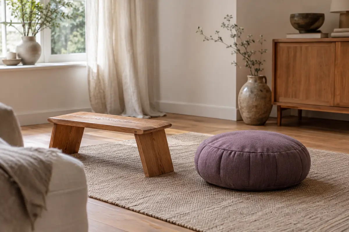 Un banc de méditation en bois et un coussin posés côte à côte sur un tapis dans un espace calme.