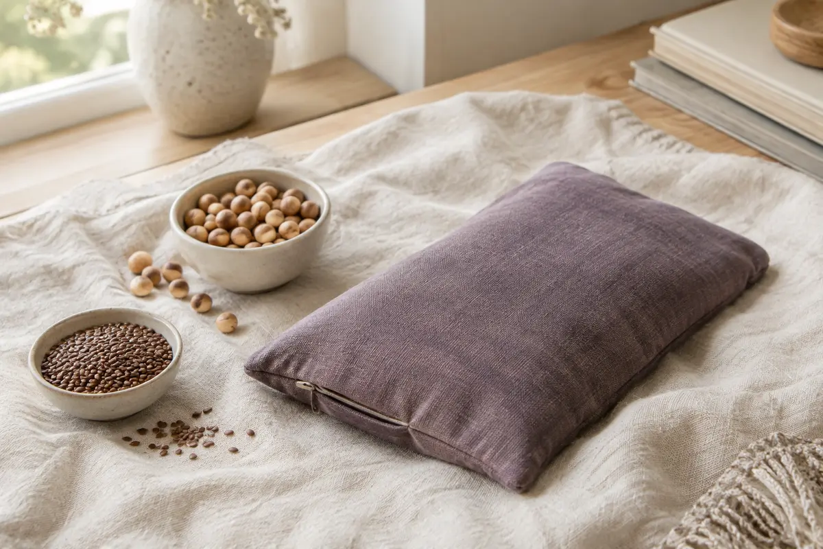 Bouillotte sèche en tissu posée près de noyaux de cerises et de graines de lin.