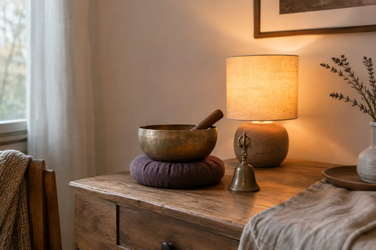 Bol chantant et clochette posés près d’une lampe à lumière douce dans un coin calme