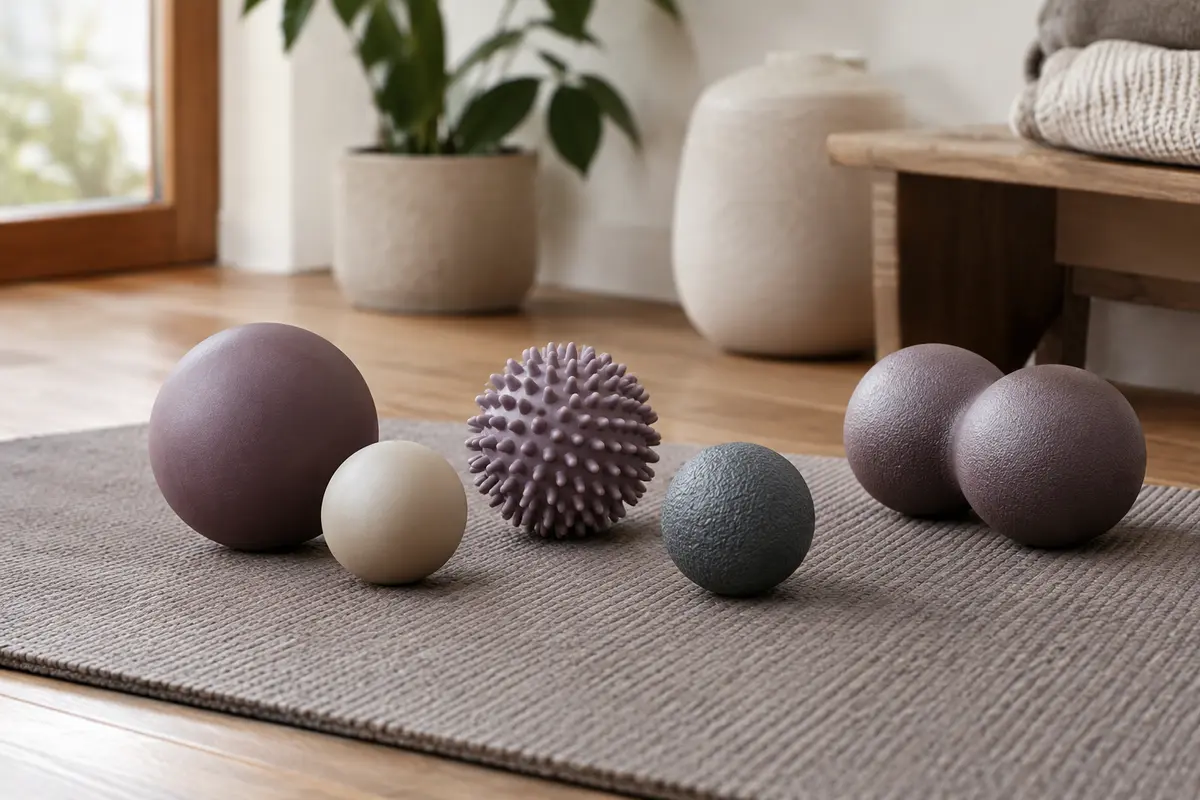 Balles de massage de différents diamètres posées côte à côte sur un tapis neutre