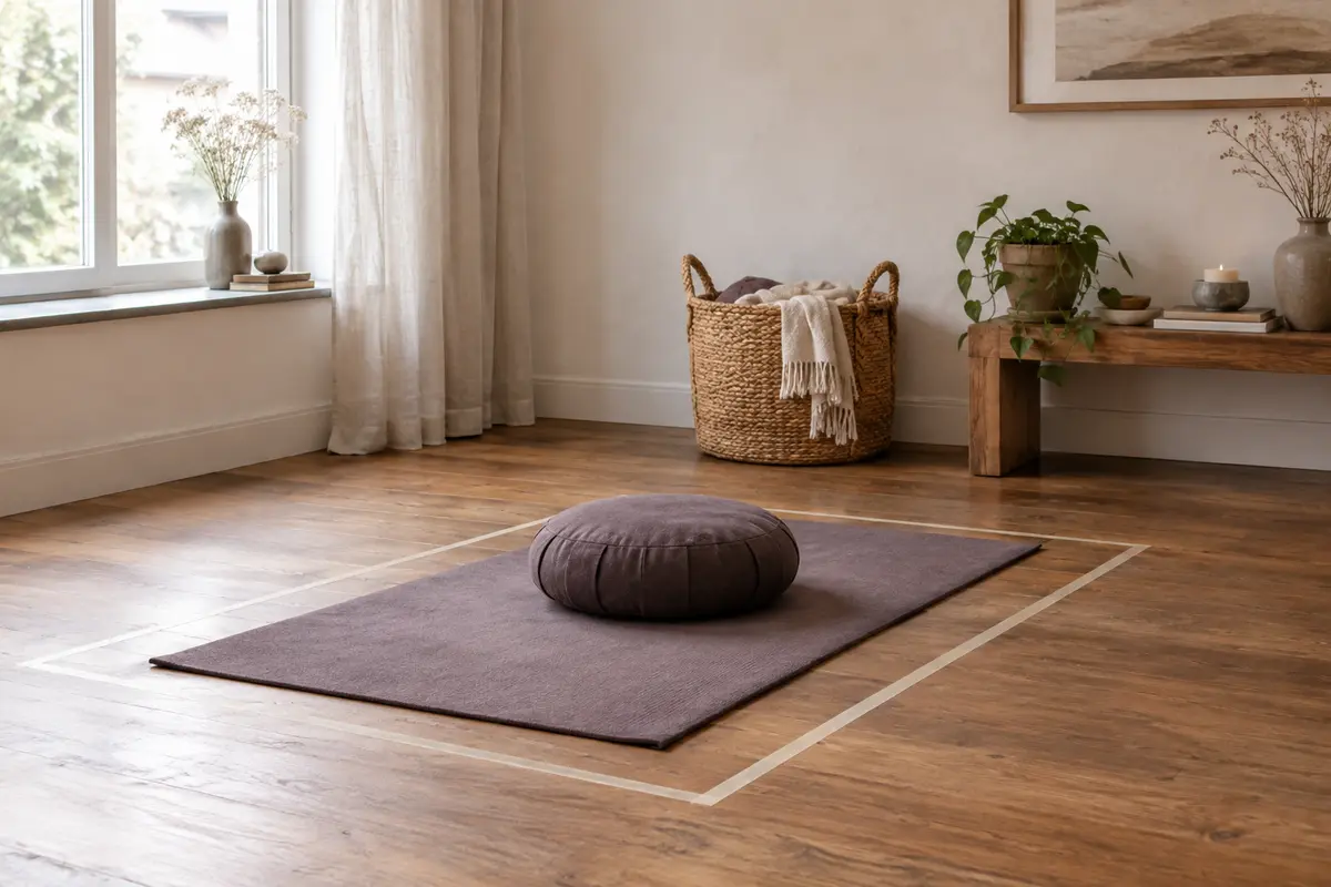 Tapis de méditation et coussin dans un coin dégagé, avec un contour au sol pour mesurer la surface utile