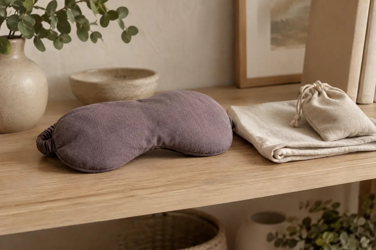 Coussin pour les yeux et housse propre rangés dans un espace sec et lumineux