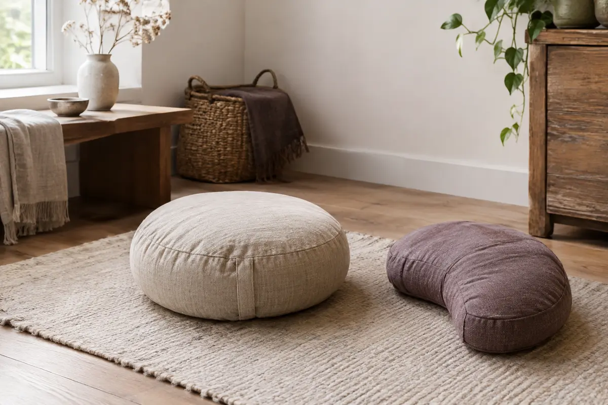 Deux coussins de méditation de formes différentes posés sur un tapis dans un espace calme