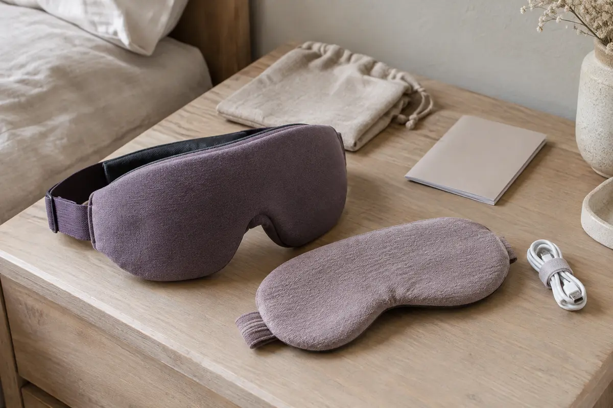 Masques pour les yeux occultant et chauffant posés côte à côte avec leurs matières et accessoires visibles