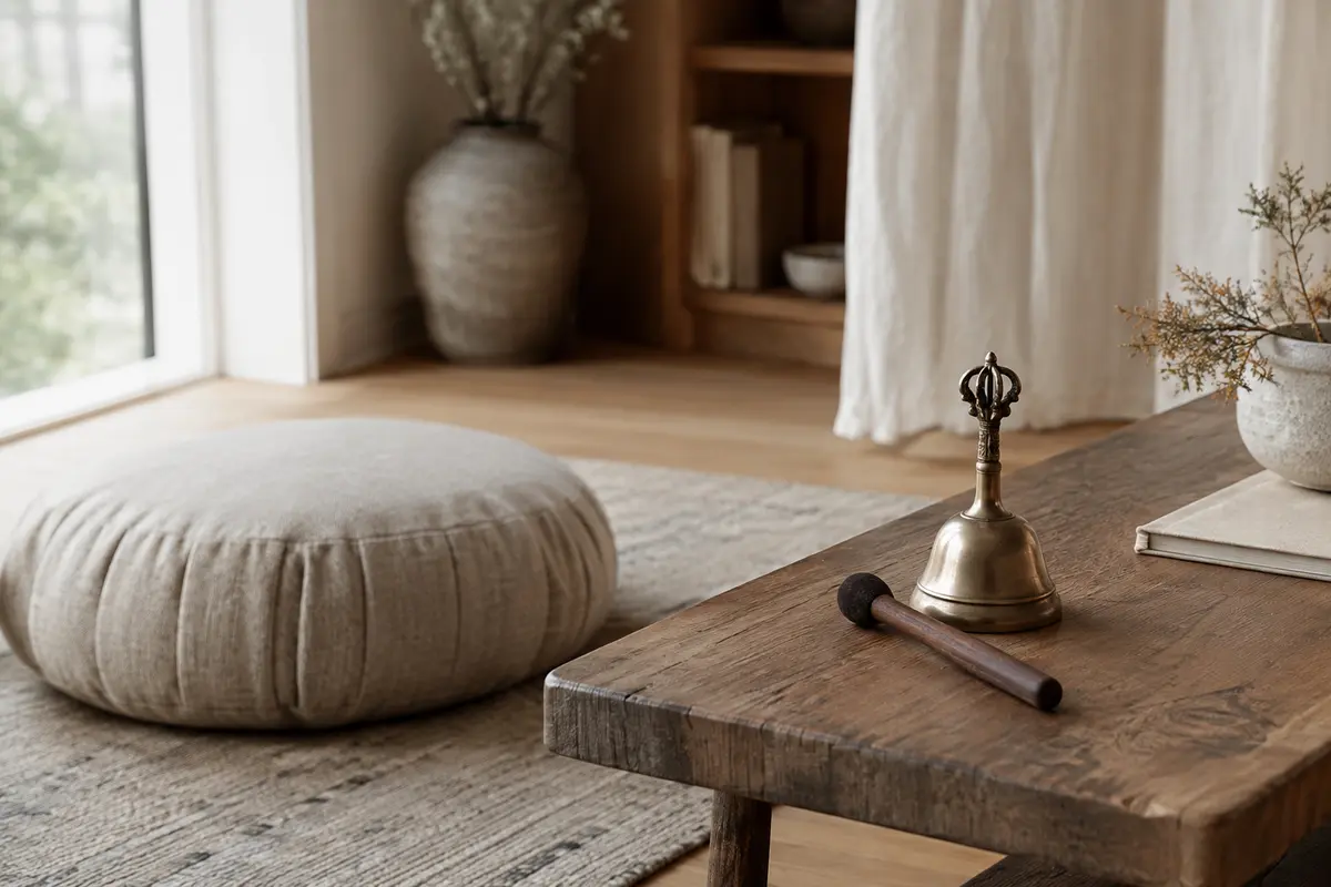 Clochette de méditation en métal posée près d’un coussin dans un espace calme et épuré