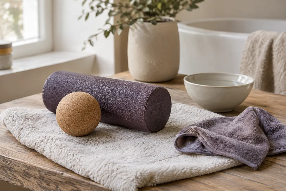 Balle de massage et rouleau posés sur une serviette avec un chiffon pour leur entretien.