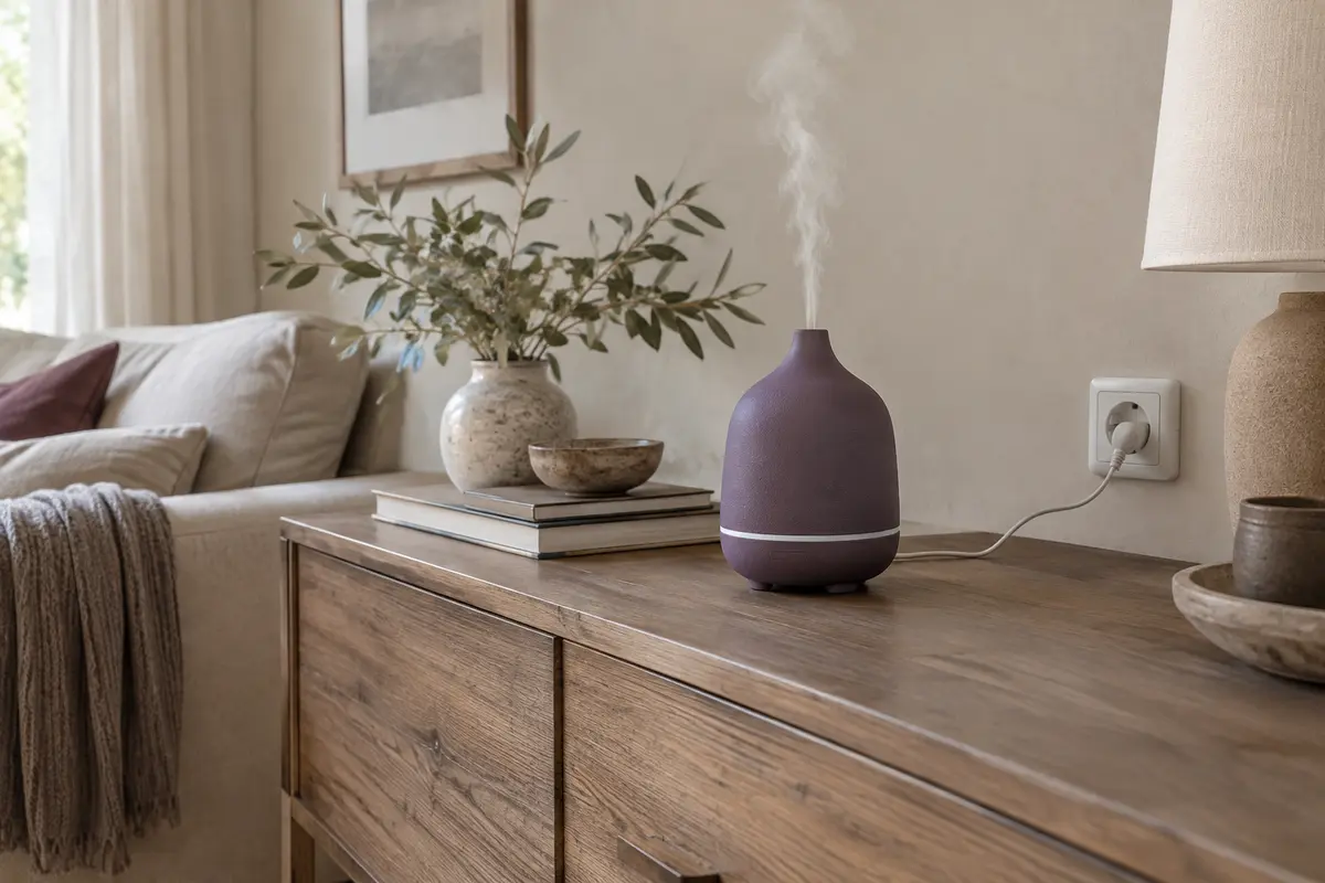 Diffuseur d’arômes posé sur une console stable, près d’une prise et à l’écart du passage
