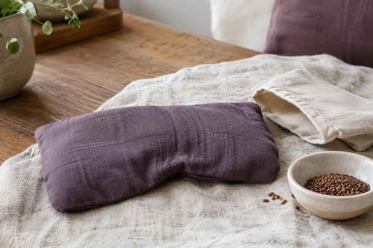 Coussin pour les yeux en tissu doux posé près de graines de lin et d’une housse
