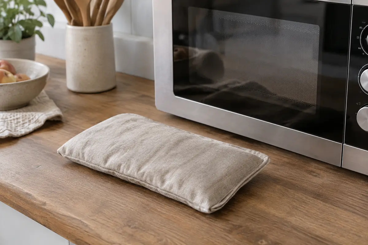 Bouillotte sèche en tissu posée près d’un micro-ondes éteint, dans un espace propre et dégagé.
