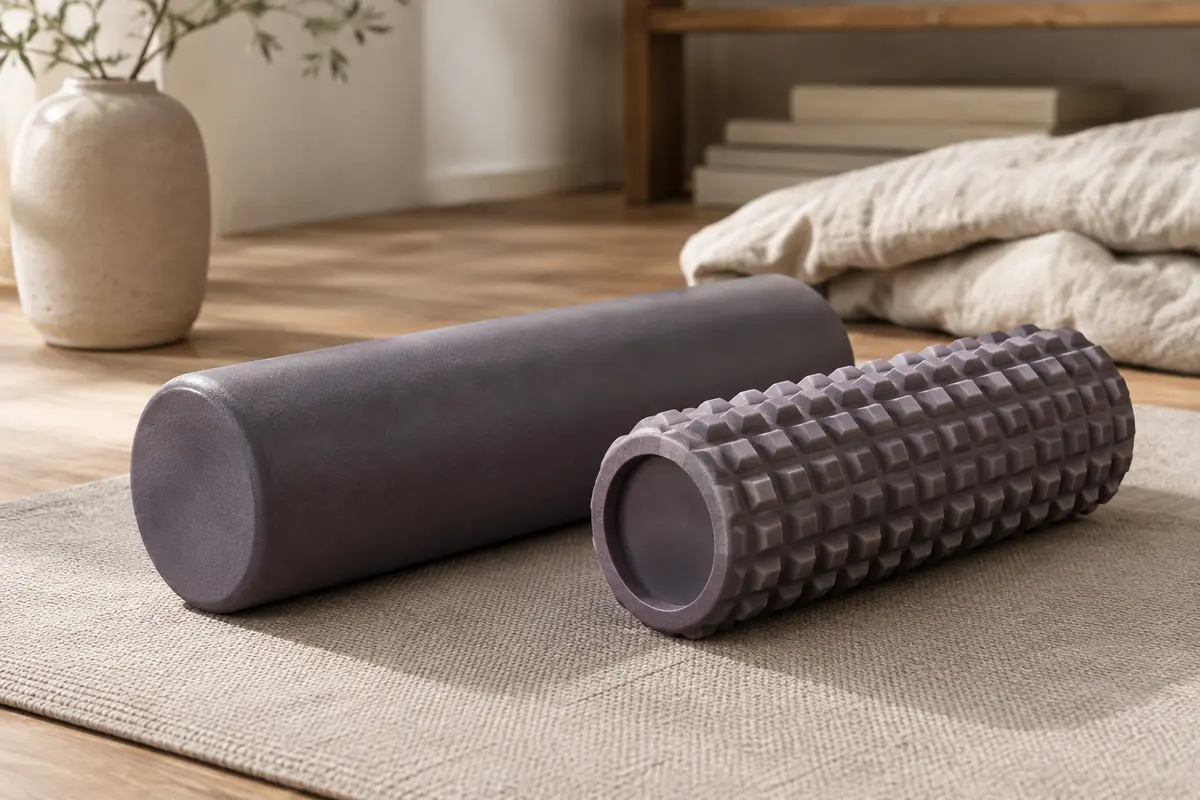 Deux rouleaux de massage côte à côte, l’un lisse et l’autre doté de reliefs texturés.