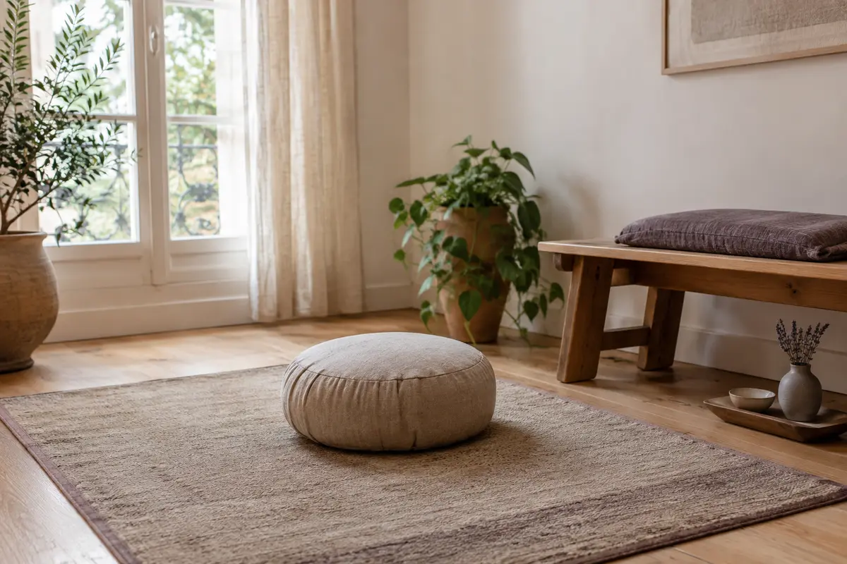 Coussin rond de méditation posé sur un tapis, avec un banc visible dans un coin calme et lumineux.