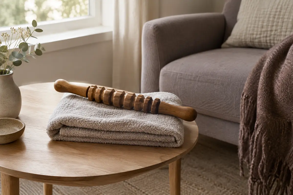 Bâton de massage posé sur une serviette près d’un fauteuil dans un intérieur calme