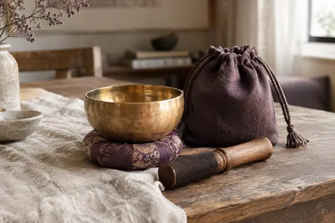 Bol chantant tibétain en laiton avec coussin, maillet en bois et cuir et sac de rangement