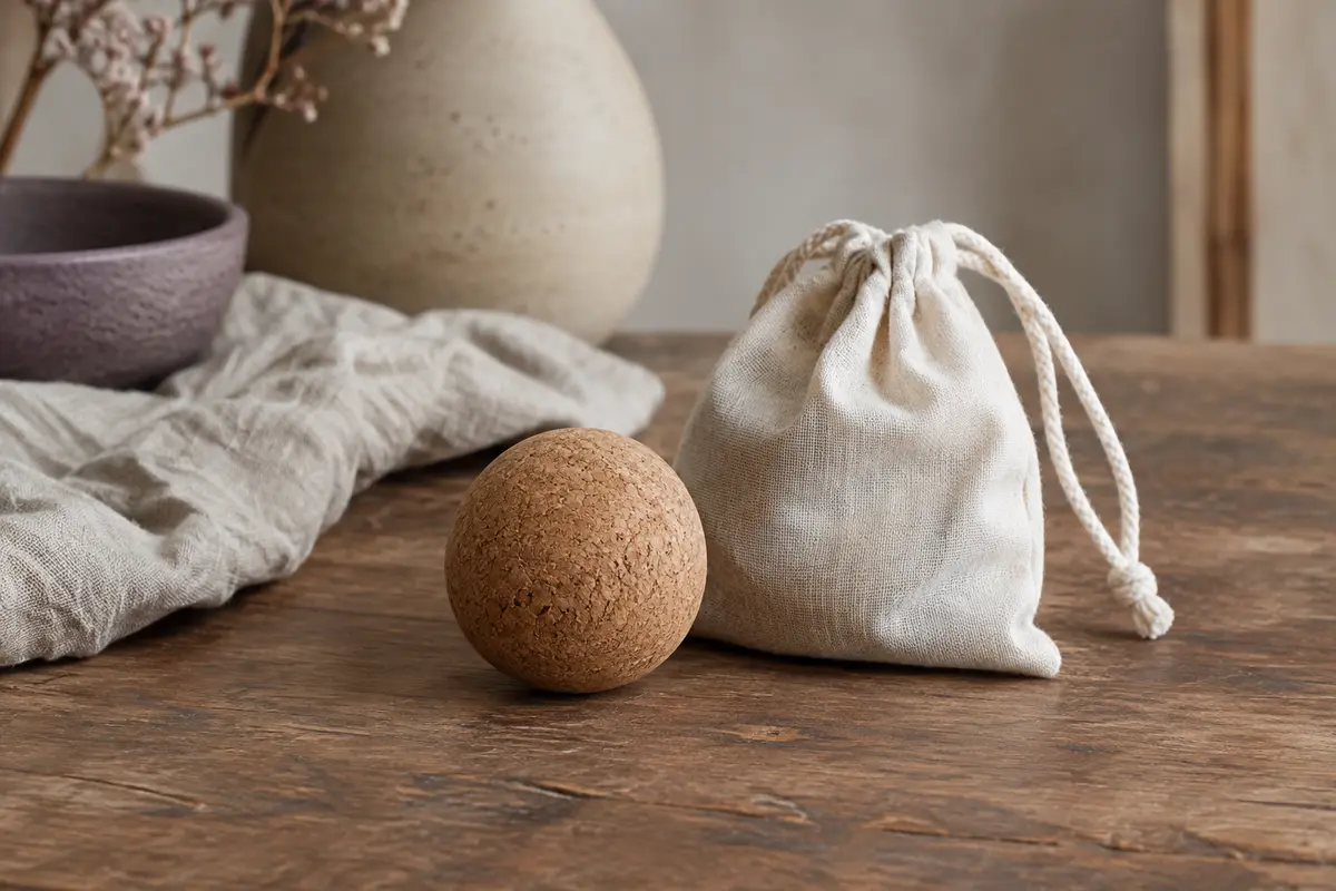 Boule de massage ronde en liège naturel posée près de son sac en coton sur du lin froissé