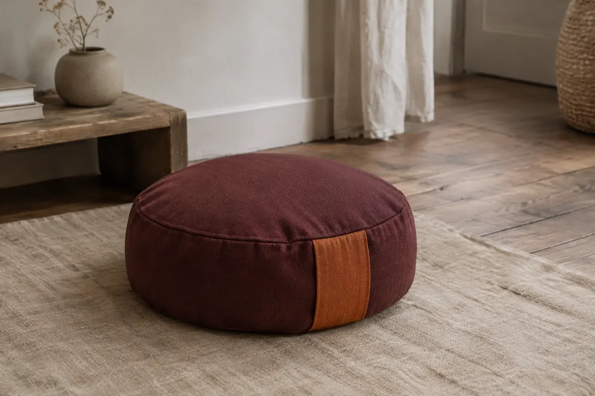 Coussin de méditation en coton bourgogne et orange posé sur un tapis de lin dans un intérieur calme.