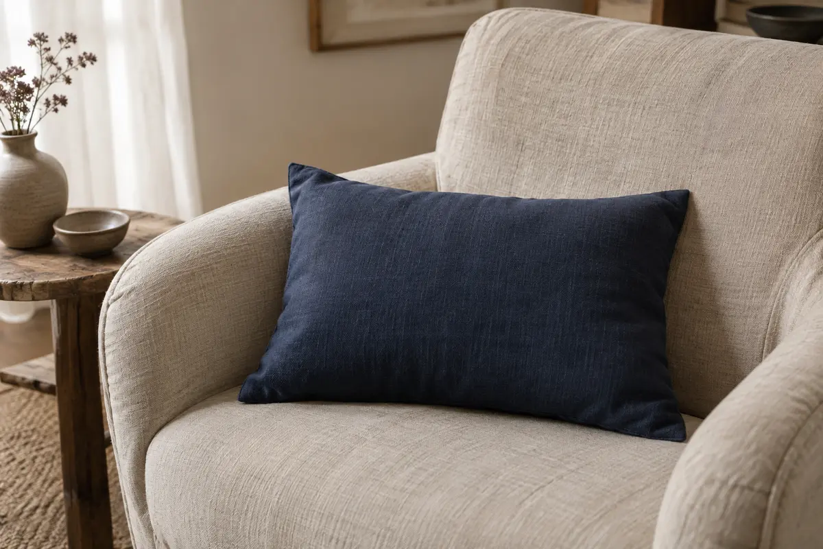 Coussin bleu foncé en coton garni de noyaux de cerises, posé sur un fauteuil en lin dans un intérieur calme.