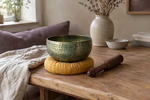 Bol chantant martelé vert posé sur un coussin anneau jaune, avec sa mailloche en bois de manguier