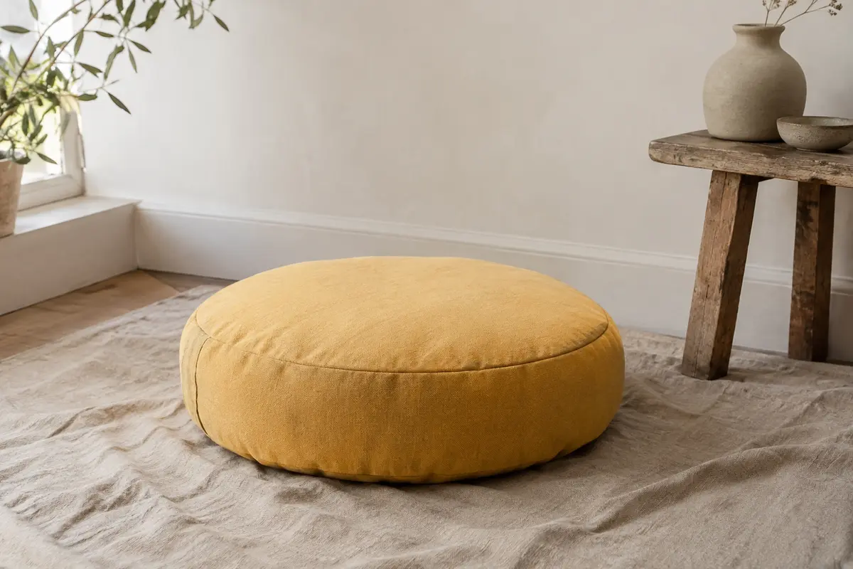 Coussin de méditation rond en coton jaune abricot posé sur un tapis de lin dans un intérieur calme.