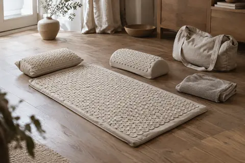 Tapis d’acupression à picots avec coussin, appui lombaire, serviette et sac dans un intérieur calme