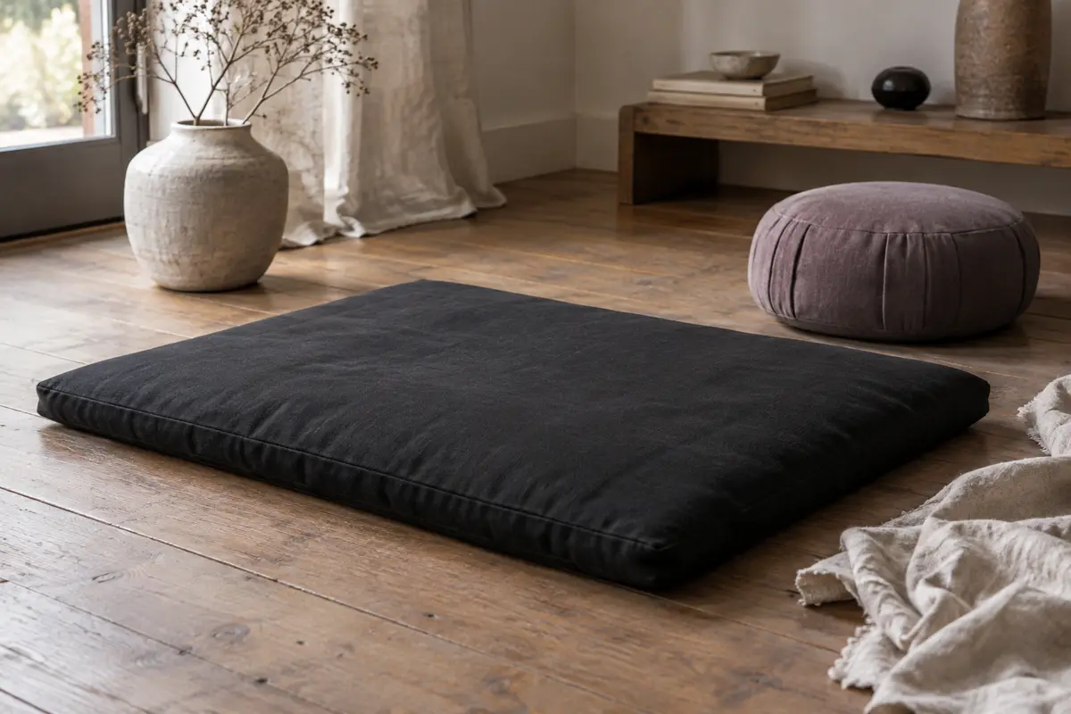 Tapis zabuton noir en coton posé au sol près d’un coussin de méditation dans un intérieur calme