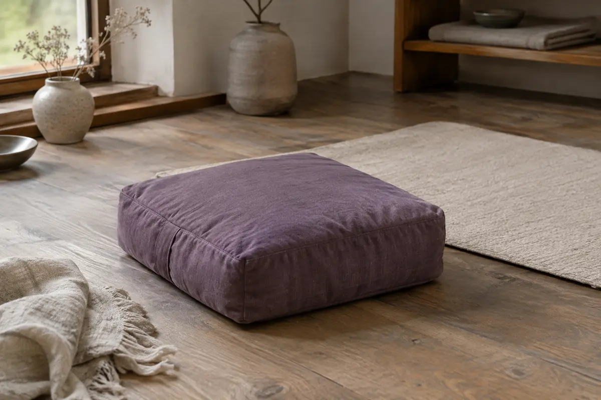 Coussin zafu violet à housse textile posé près d’un tapis de méditation sur un sol en bois.