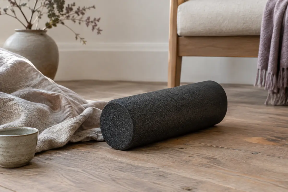 Rouleau de massage cylindrique noir posé sur un sol en bois près d’un textile en lin.