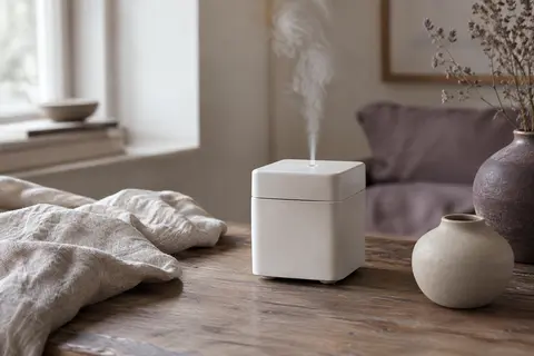 Diffuseur ultrasonique blanc en céramique posé sur une table en bois dans un intérieur calme