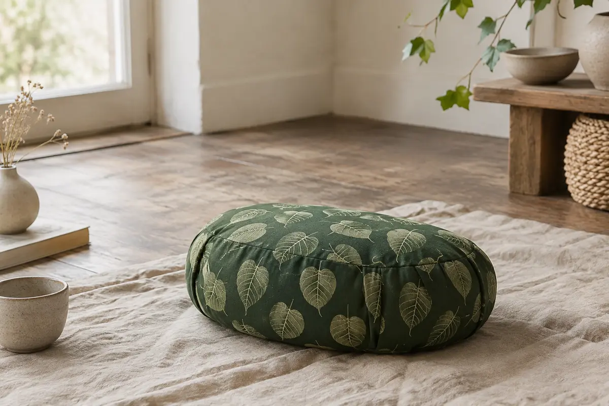 Coussin de méditation demi-lune vert profond à motif de feuilles, posé sur un tapis en lin