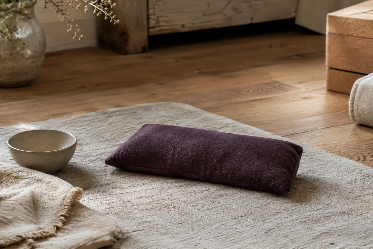Coussin pour les yeux en coton aubergine posé sur un tapis de yoga en lin, dans un intérieur calme.
