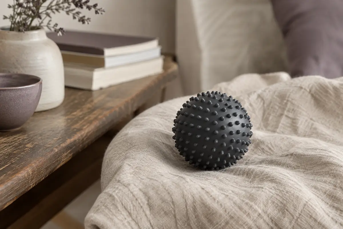Balle de massage anthracite à picots posée sur un linge de lin dans un intérieur calme et lumineux.