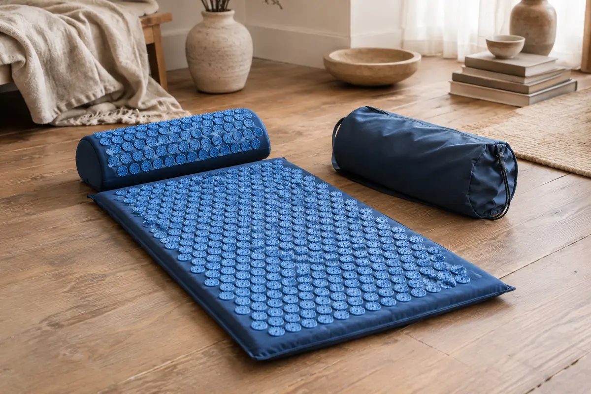 Tapis d’acupression bleu avec coussin assorti et sac en nylon dans un intérieur calme