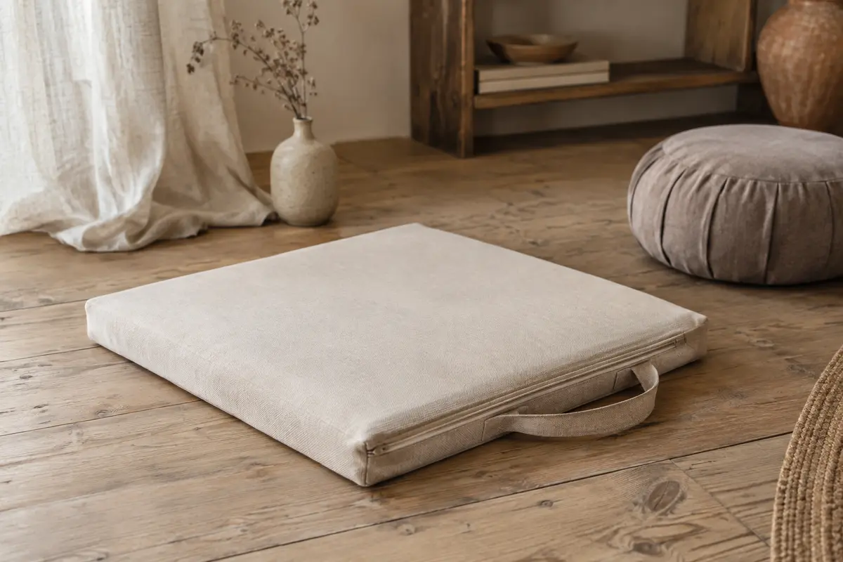 Tapis de méditation carré en coton naturel posé sur un sol en bois, près d’un coussin et de textiles sobres.