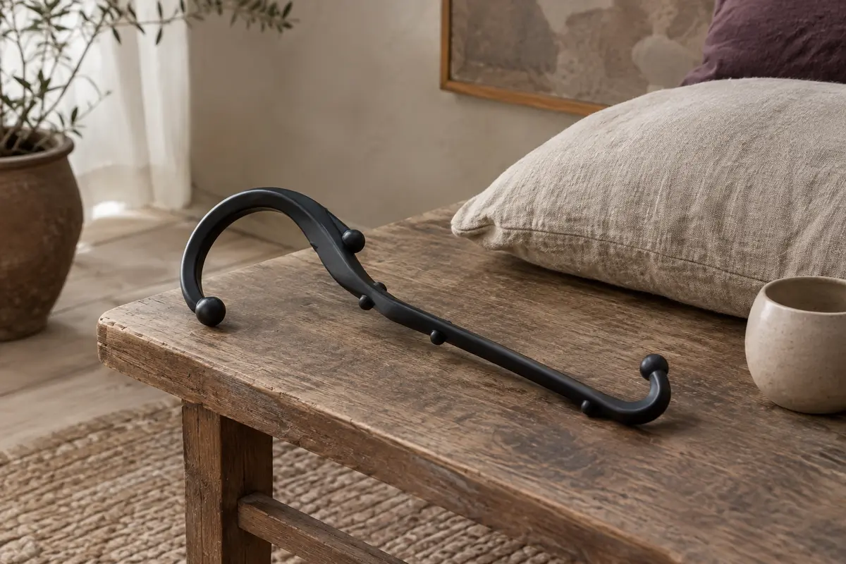 Bâton de massage manuel noir à la forme de crochet posé sur un banc en bois dans un intérieur calme