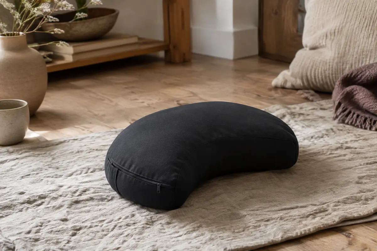 Coussin de méditation noir en forme de demi-lune posé sur un tapis de lin dans un intérieur calme.