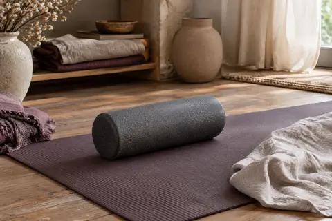 Rouleau de massage cylindrique gris carbone en mousse, posé sur un tapis près d’un linge en lin.