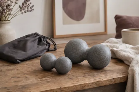 Deux balles de massage doubles grises de formats différents, posées près de leur sac de rangement