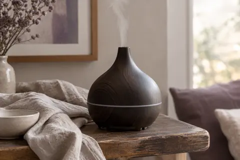Diffuseur d’huiles essentielles noir en bois posé droit sur une surface en bois patiné